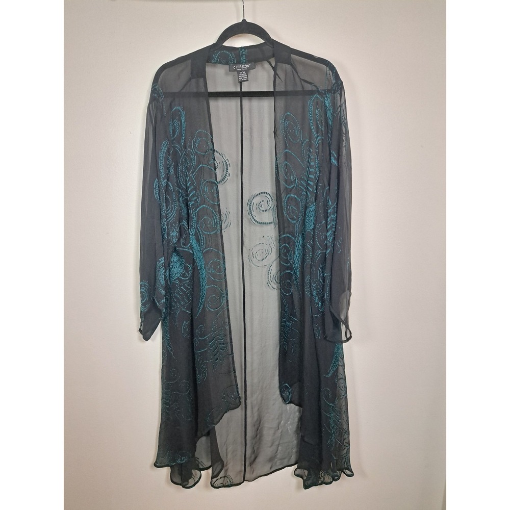 Citron Santa‎ Monica Duster Kimono Size OS Black Turqouise Silk Sheer Peacock